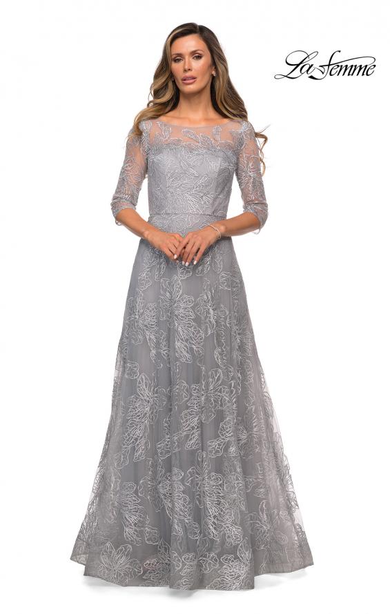 Picture of: A-line Lace Sequin Gown with Sheer Scoop Neckline in Silver, Style: 27942, Main Picture