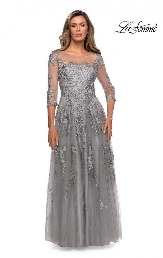 Picture of: A-line Evening Gown with Floral Embellishments in Silver, Style: 27944, Main Picture