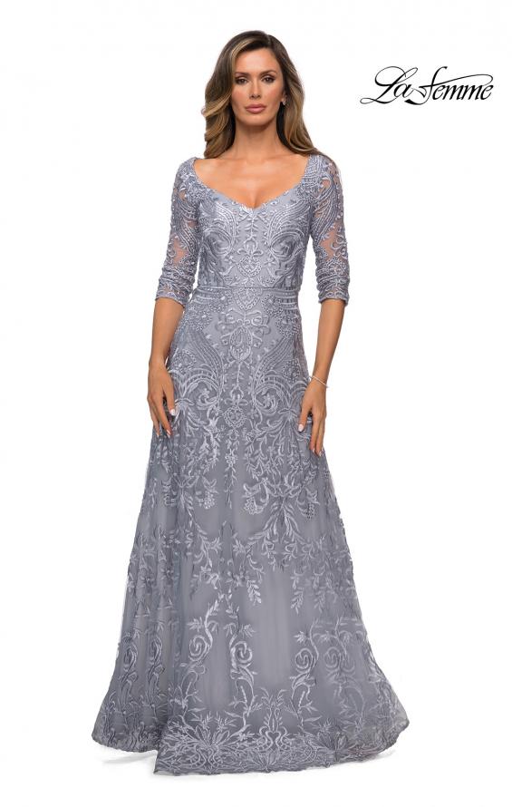 Picture of: Embroidered Lace Gown with V Neckline and Flare Skirt in Silver, Style: 27949, Main Picture