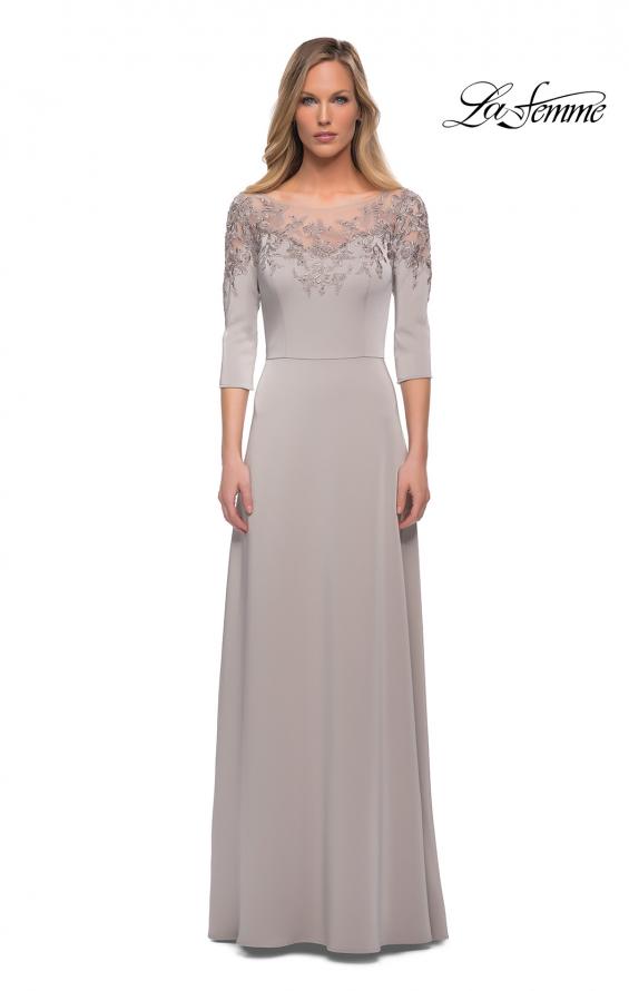 Picture of: Jersey Mother of the Bride Gown with Lace Neckline in Silver, Main Picture