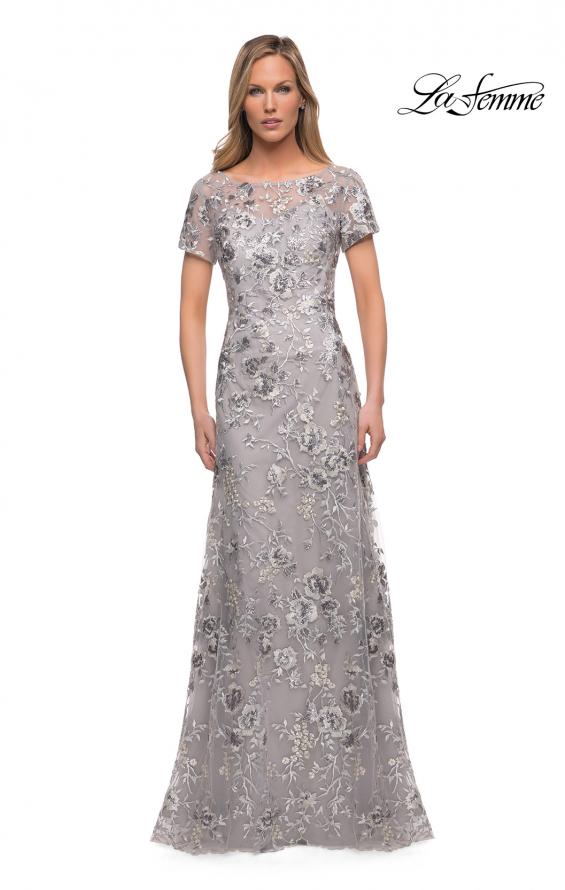 Picture of: Silver Lace and Sequin Long Gown with Short Sleeves in Silver, Main Picture