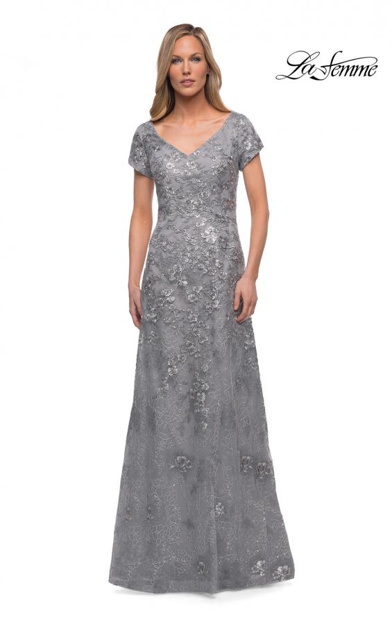 Picture of: Long Lace Mother of the Bride Gown with V Neckline in Silver, Main Picture