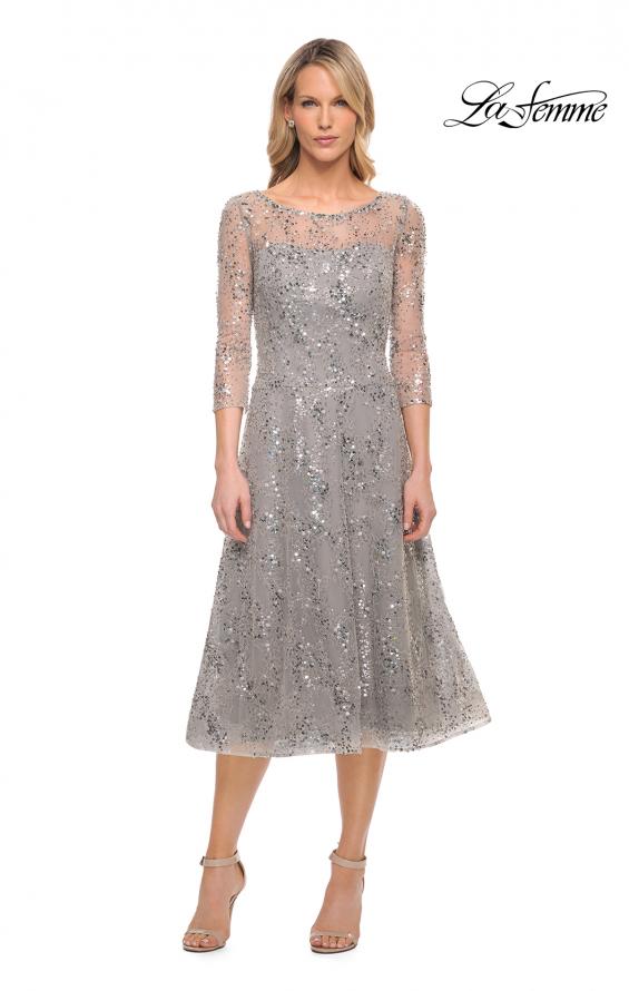 Picture of: Lace Tea Length Dress with Flare Skirt and High Neckline in Silver, Style: 30002, Main Picture