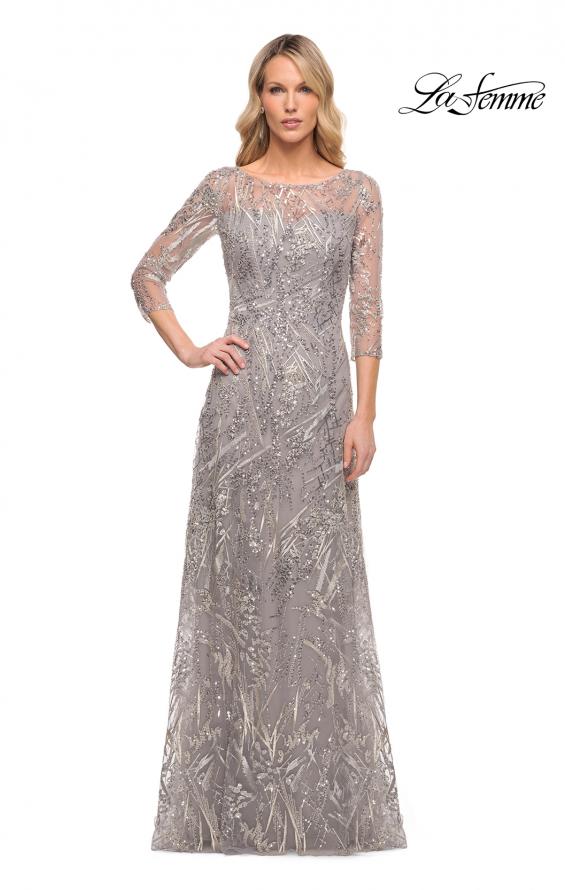 Picture of: Long Evening Gown with Unique Lace Beaded Design in Silver, Style: 30161, Main Picture