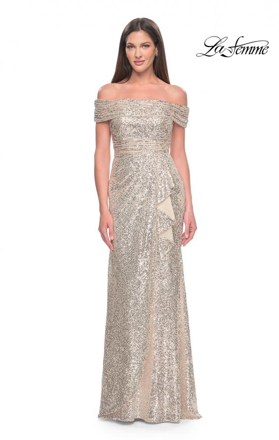 Picture of: Off the Shoulder Sequin Gown with Ruching in Silver, Style: 31772, Main Picture
