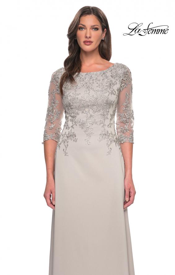 Picture of: Jersey Gown with Boat Neckline and Lace Detailing in Silver, Style: 29251, Detail Picture 9