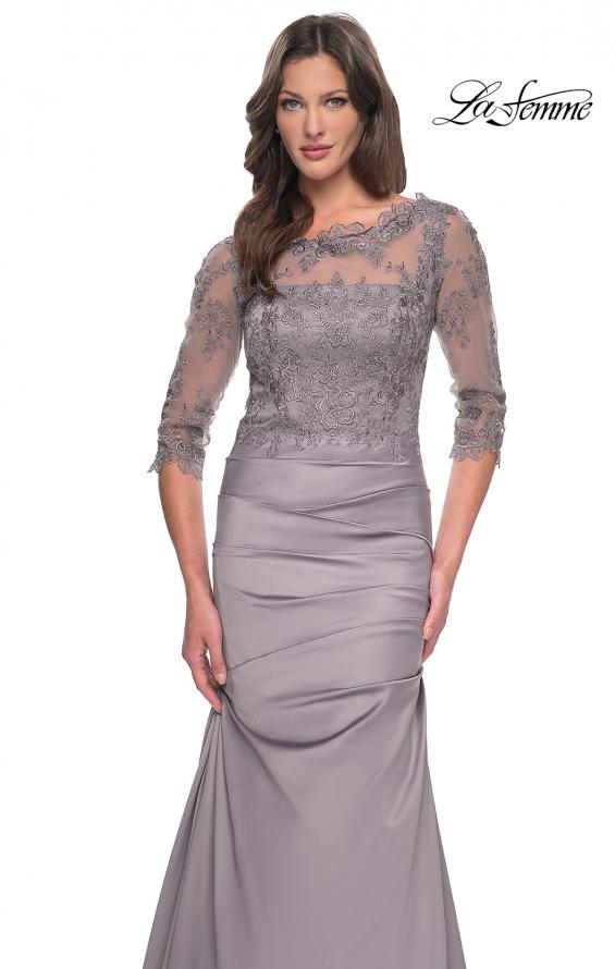Picture of: Satin and Lace Off the Shoulder Mermaid Gown in Silver, Style: 30162, Detail Picture 9
