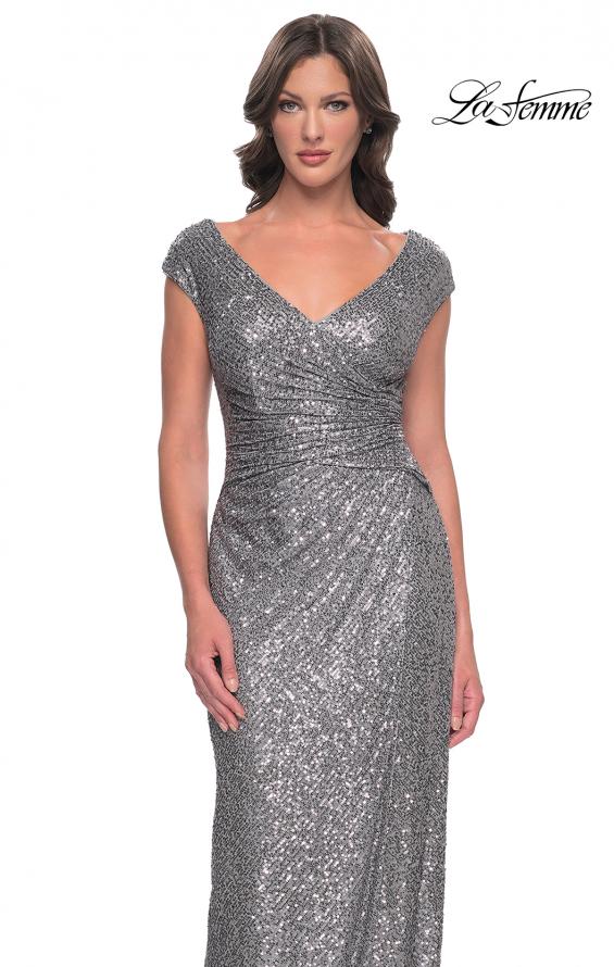 Picture of: Sequin Evening Dress with Ruching and V Neckline in Silver, Style: 30865, Detail Picture 9