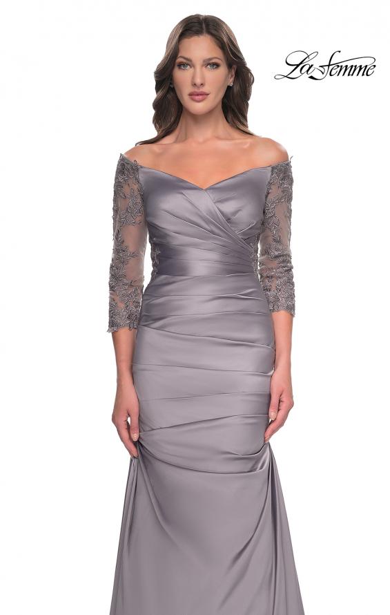 Picture of: Mermaid Satin Dress with Gathering and Off the Shoulder Top in Silver, Style: 30853, Detail Picture 11