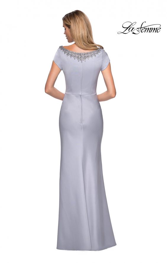 Picture of: Long Satin Gown with Embellished Square Neckline in Silver, Style: 27244, Back Picture