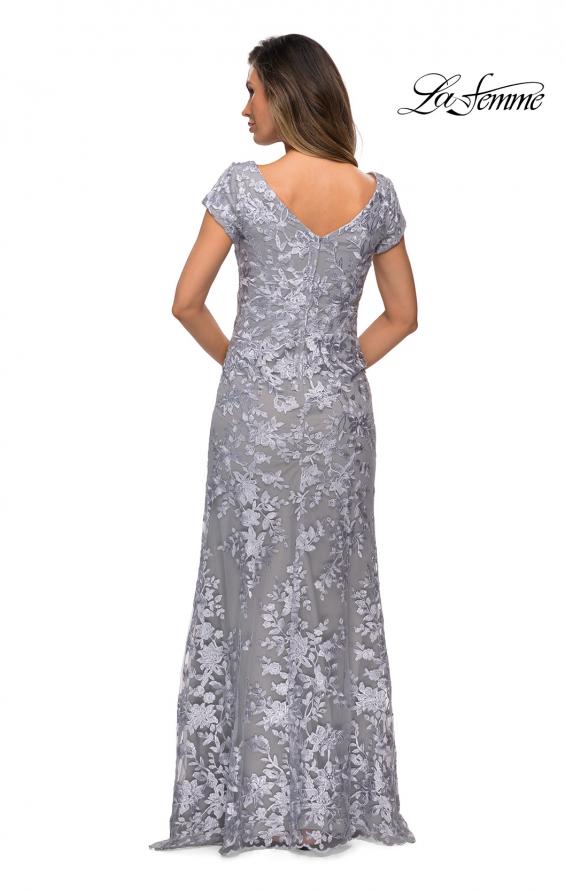 Picture of: Long Three Quarter Sleeve Floral Lace Evening Gown in Silver, Style: 27842, Back Picture