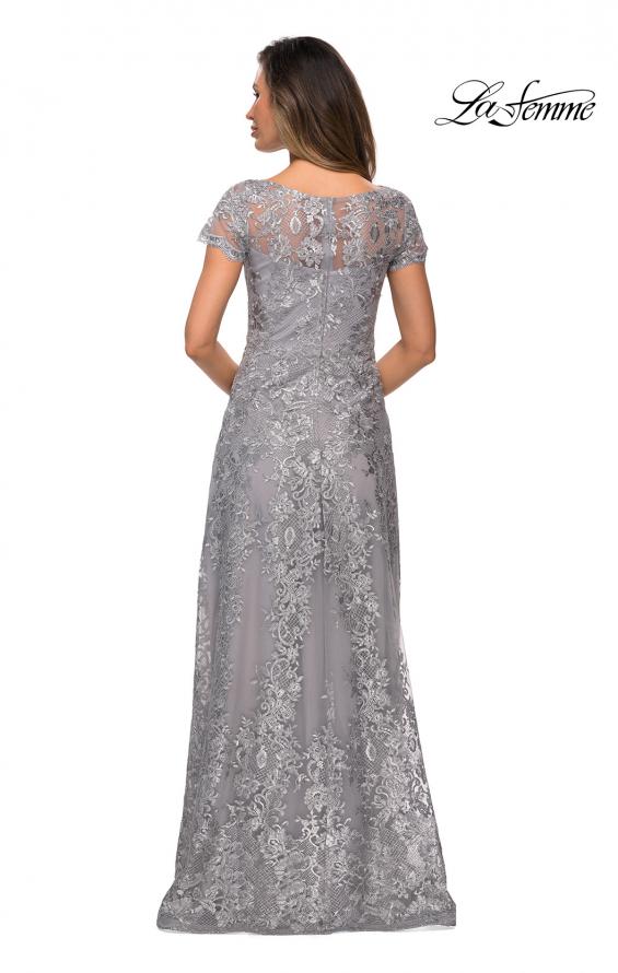 Picture of: Long Lace Dress with Sheer Neckline and Cap Sleeves in Silver, Style: 27935, Back Picture