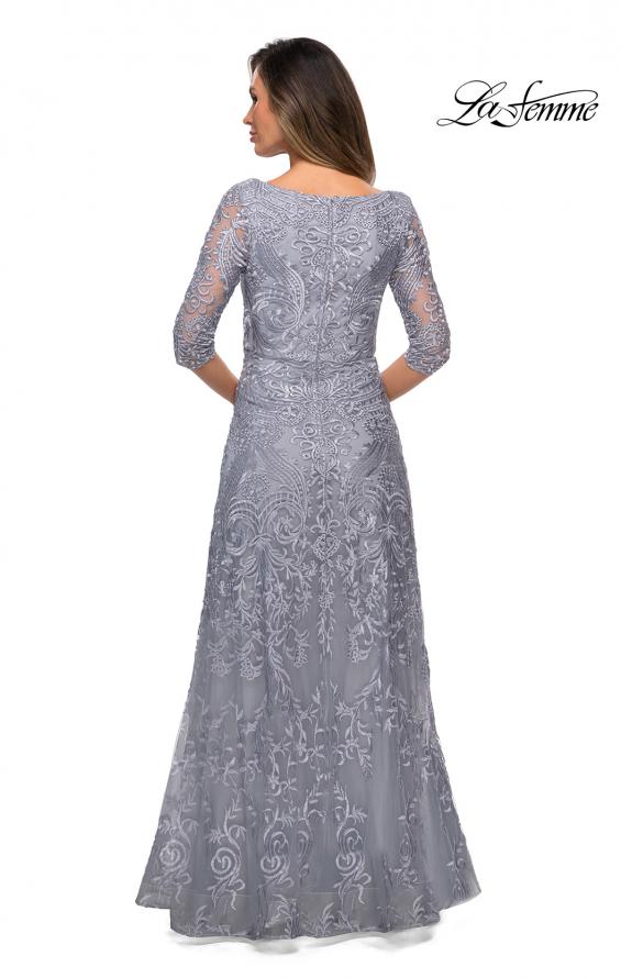 Picture of: Embroidered Lace Gown with V Neckline and Flare Skirt in Silver, Style: 27949, Main Picture