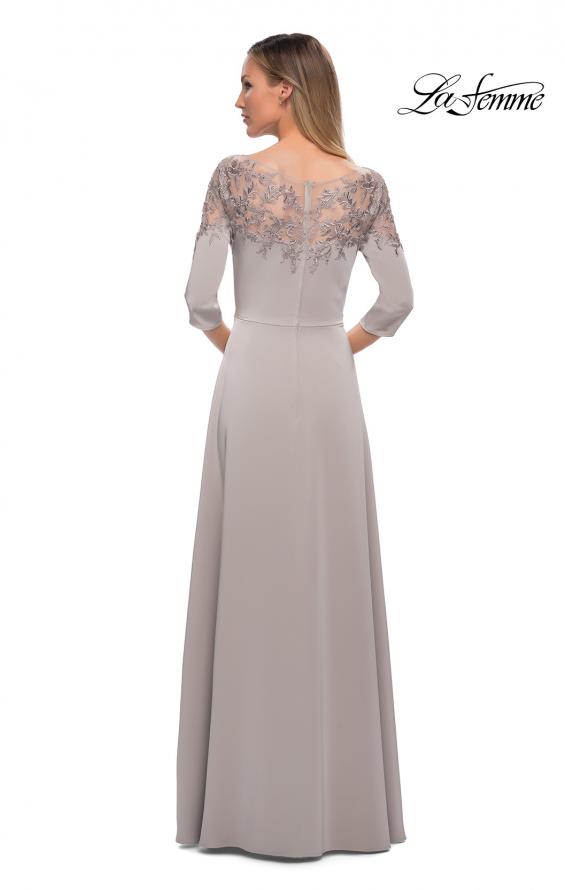 Picture of: Jersey Mother of the Bride Gown with Lace Neckline in Silver, Back Picture
