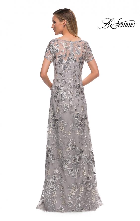 Picture of: Silver Lace and Sequin Long Gown with Short Sleeves in Silver, Back Picture
