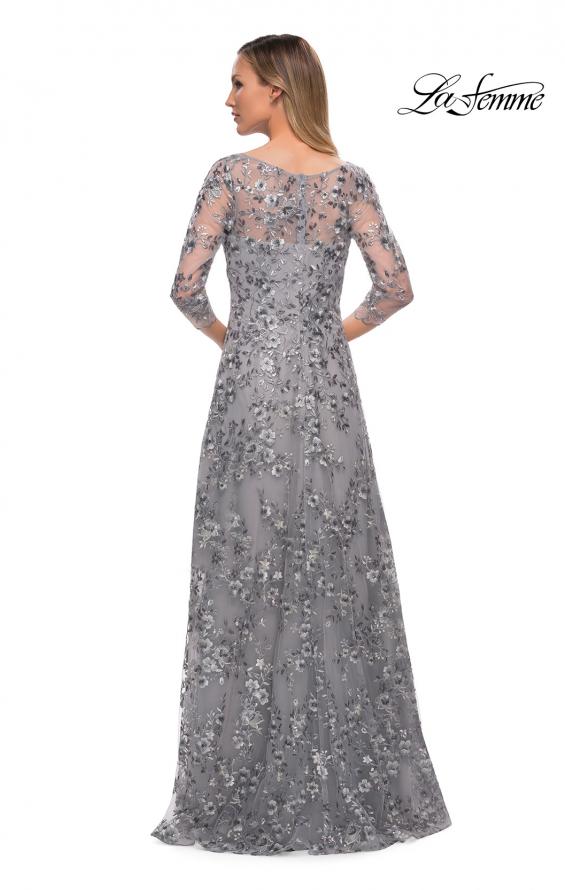 Picture of: Lace Gown with Full Skirt and Sheer Lace Sleeves in Silver, Back Picture