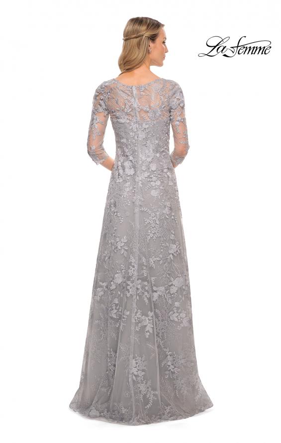 Picture of: Long Lace Evening Dress with V Neckline and Sleeves in Silver, Style: 29989, Back Picture