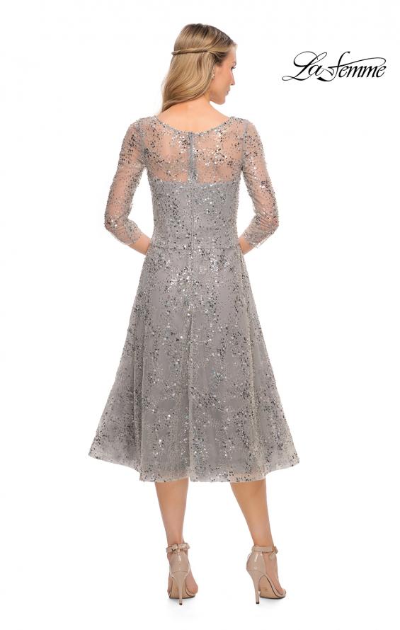 Picture of: Lace Tea Length Dress with Flare Skirt and High Neckline in Silver, Style: 30002, Back Picture