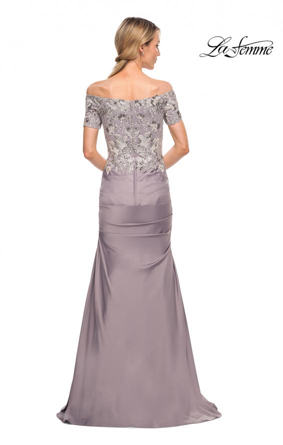 Picture of: Off the Shoulder Satin and Lace Beaded Mermaid Gown in Silver, Style: 30045, Back Picture