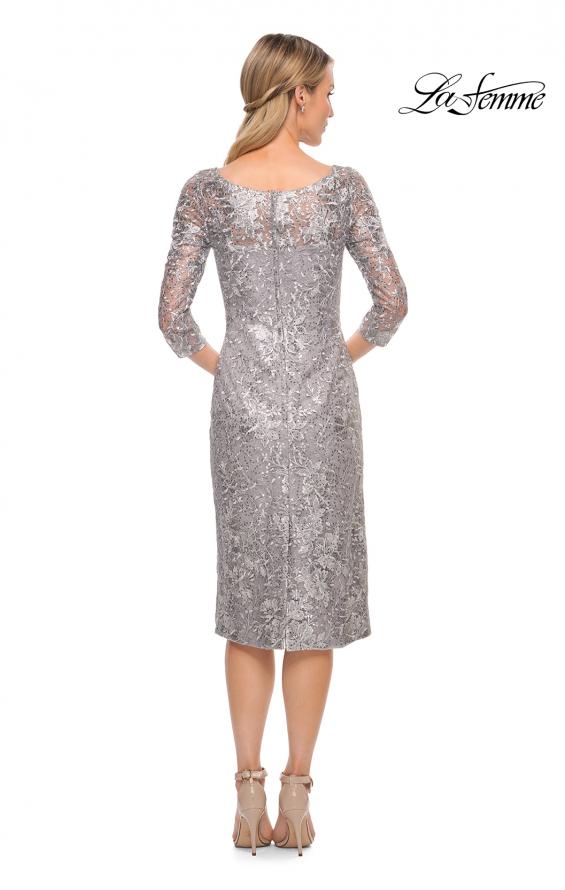 Picture of: Fitted Metallic Lace Below-the-Knee Dress in Silver, Style: 30097, Back Picture