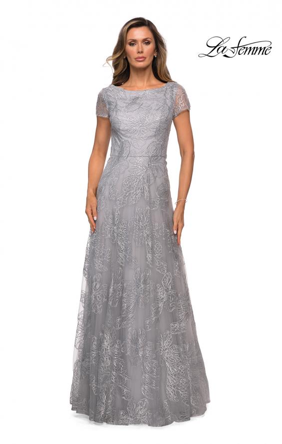 Picture of: Sequin Lace A-line Gown with Sheer Short Sleeves in Silver, Style: 27837, Detail Picture 1