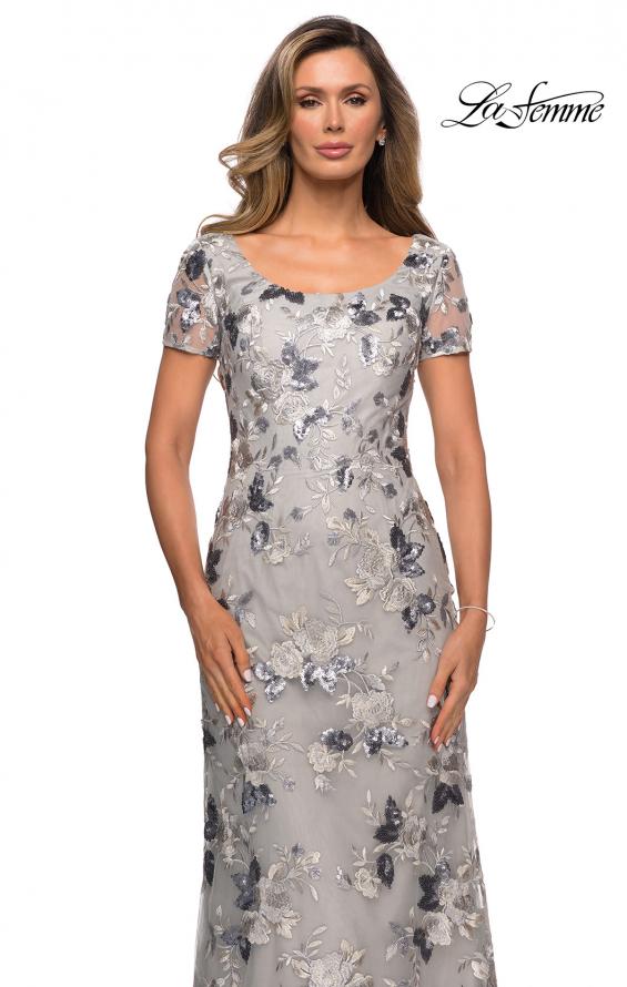 Picture of: Floral Short Sleeve Formal Dress with Scoop Neck in Silver, Style: 27991, Back Picture