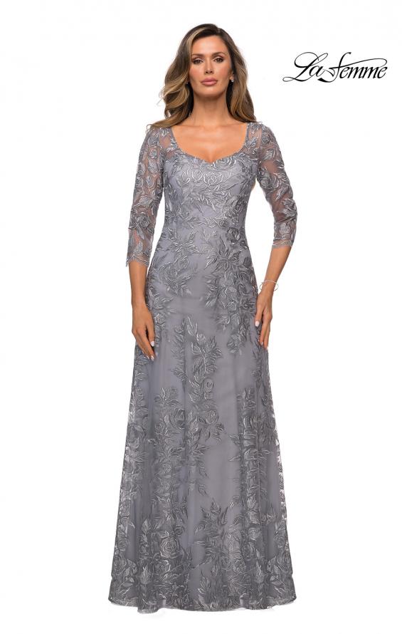 Picture of: Long Lace A-line Three Quarter Sleeve Gown in Silver, Style: 28053, Detail Picture 1