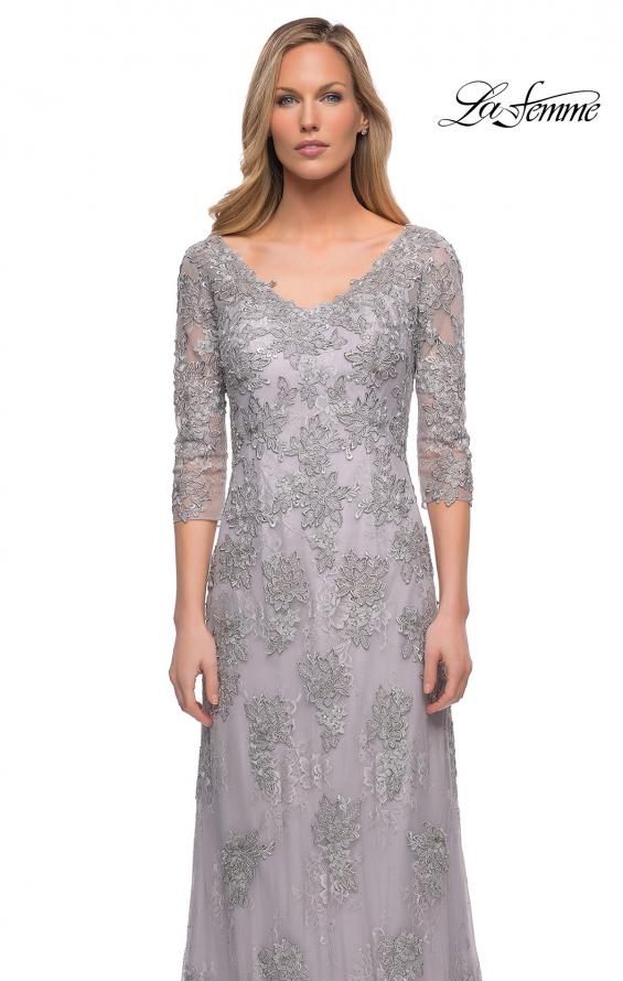 Picture of: Column Lace Mother of the Bride Dress with V Neckline in Silver, Detail Picture 1