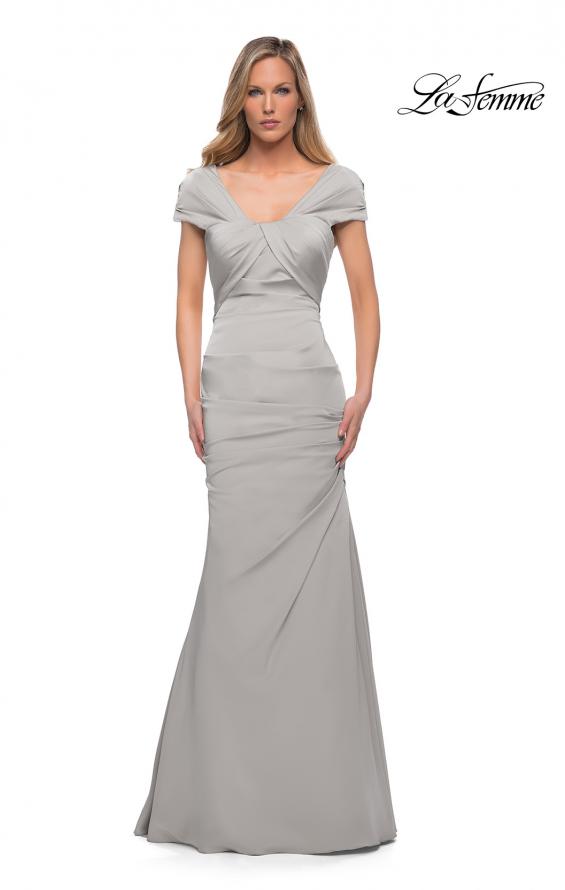 Picture of: Lovely Ruched Mermaid Satin Gown with Unique Neckline in Silver, Detail Picture 1