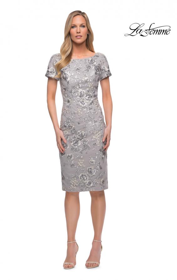 Picture of: Short Sleeve Below the Knee Dress with High Neckline in Silver, Detail Picture 1