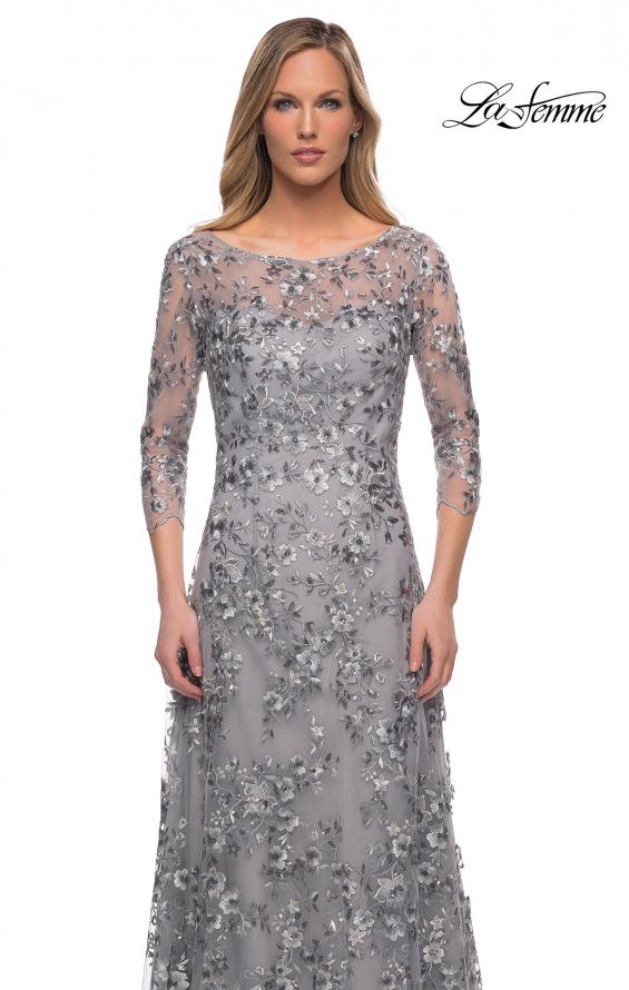 Picture of: Lace Gown with Full Skirt and Sheer Lace Sleeves in Silver, Detail Picture 1