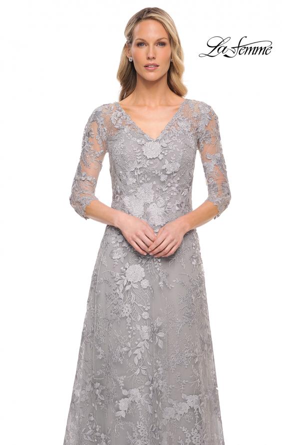 Picture of: Long Lace Evening Dress with V Neckline and Sleeves in Silver, Style: 29989, Detail Picture 1