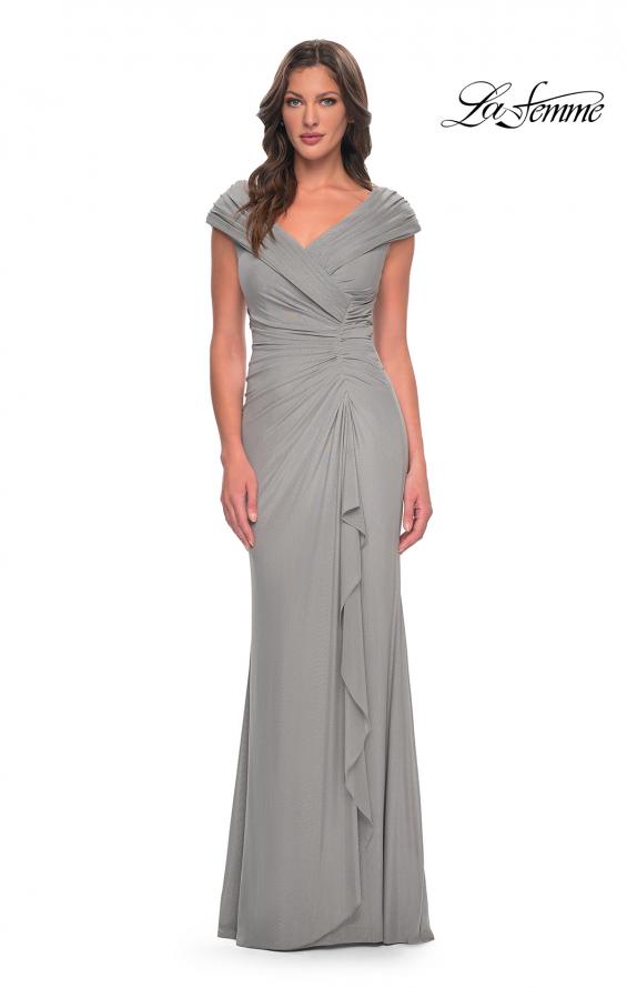 Picture of: Elegant Net Jersey Long Gown with Ruching in Silver, Style: 29996, Detail Picture 1