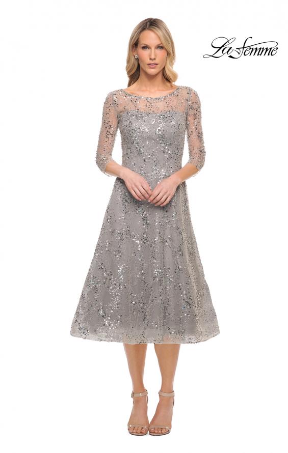 Picture of: Lace Tea Length Dress with Flare Skirt and High Neckline in Silver, Style: 30002, Detail Picture 1