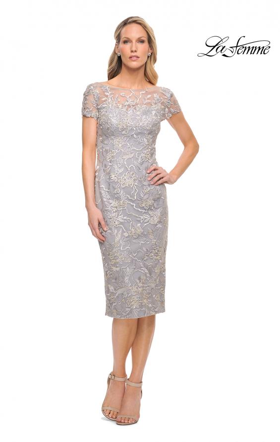 Picture of: Fitted Unique Lace Short Evening Dress in Silver, Style: 30108, Detail Picture 1