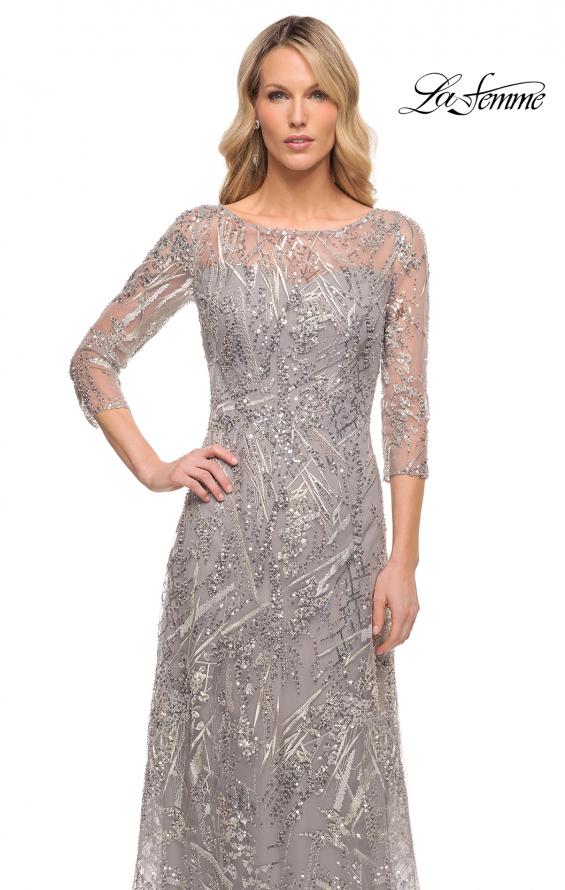 Picture of: Long Evening Gown with Unique Lace Beaded Design in Silver, Style: 30161, Detail Picture 1