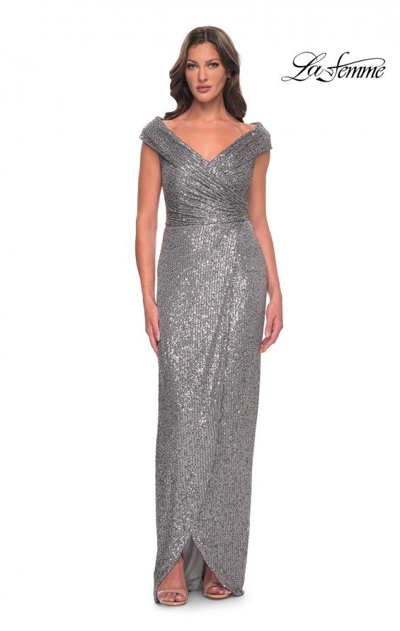 Picture of: Sequin Long Evening Dress with Ruching and V Neck in Silver, Style: 30326, Detail Picture 1