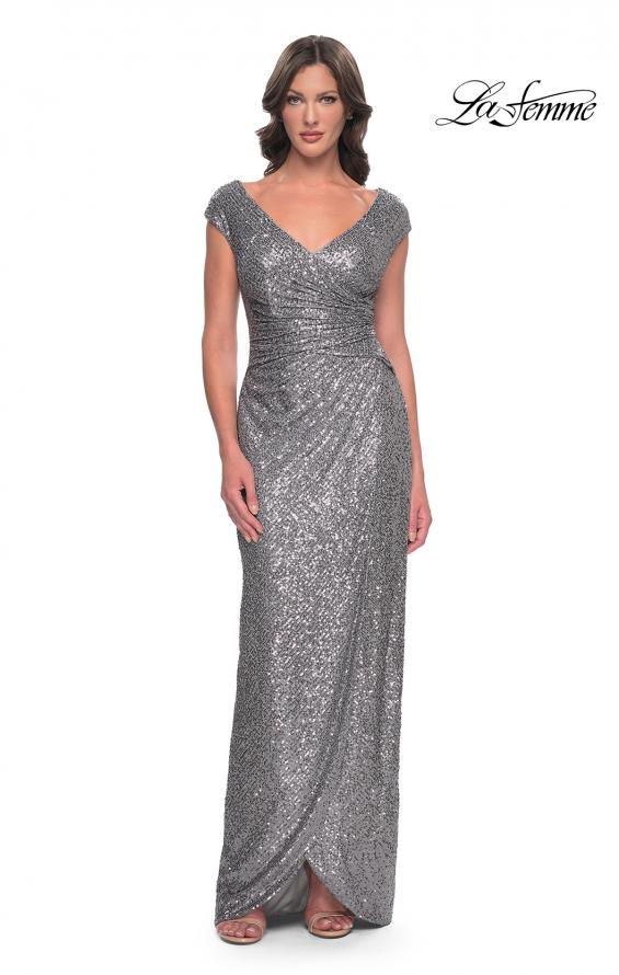 Picture of: Sequin Evening Dress with Ruching and V Neckline in Silver, Style: 30865, Detail Picture 1