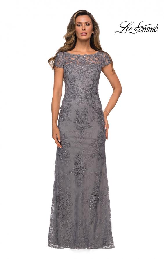 Picture of: Long Lace Evening Dress with Sheer Cap Sleeves in SIlver, Style: 27856, Detail Picture 2