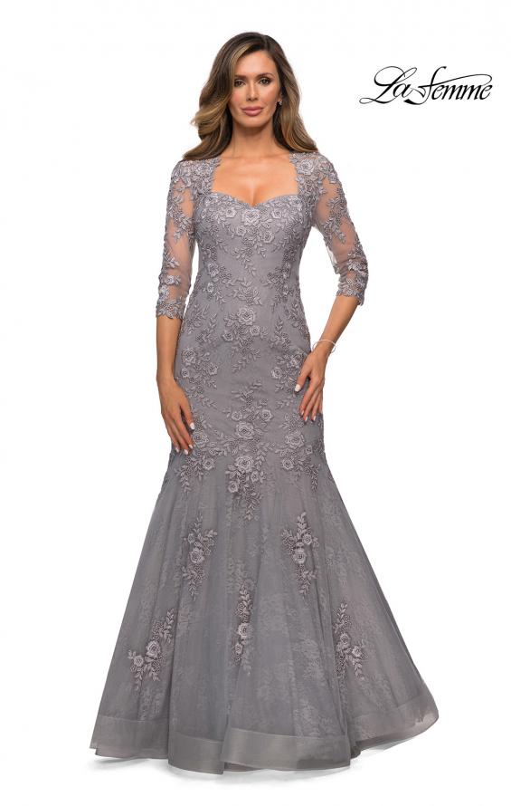 Picture of: Long Lace Mermaid Gown with Square Neckline in Silver, Style: 28033, Detail Picture 2