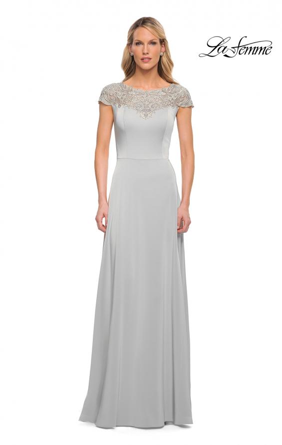 Picture of: Jersey Gown with Full Skirt and Lace Detail Top in Silver, Detail Picture 2