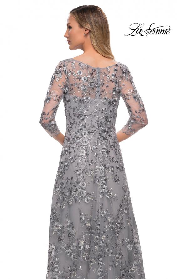 Picture of: Lace Gown with Full Skirt and Sheer Lace Sleeves in Silver, Detail Picture 2