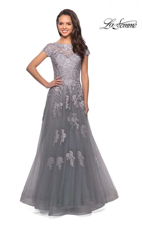 Picture of: Long Tulle Gown with Intricate Lace Detailing in Silver, Style: 26907, Detail Picture 3