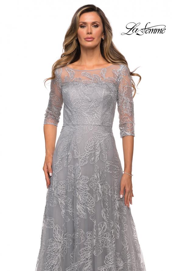 Picture of: A-line Lace Sequin Gown with Sheer Scoop Neckline in Silver, Style: 27942, Detail Picture 3