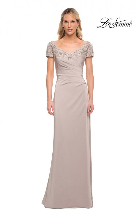 Picture of: Short Sleeve Evening Dress with Beaded Neckline in Silver, Detail Picture 3