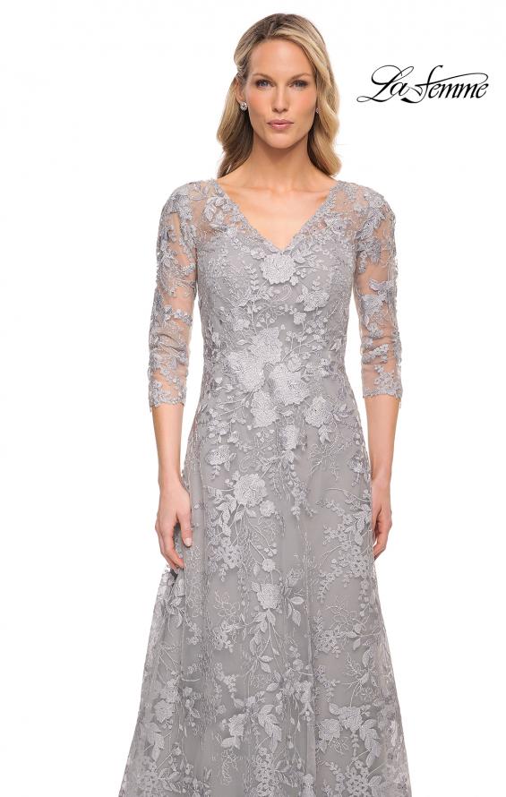 Picture of: Long Lace Evening Dress with V Neckline and Sleeves in Silver, Style: 29989, Detail Picture 3