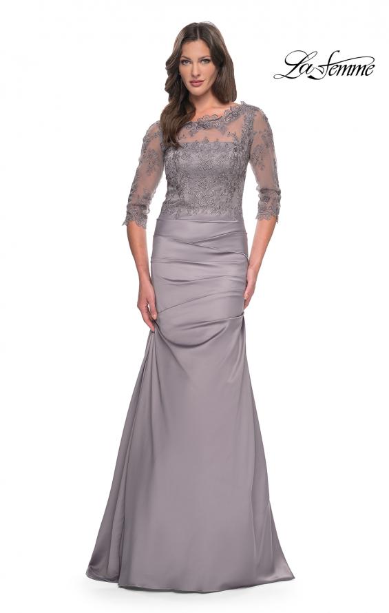 Picture of: Satin and Lace Off the Shoulder Mermaid Gown in Silver, Style: 30162, Detail Picture 3