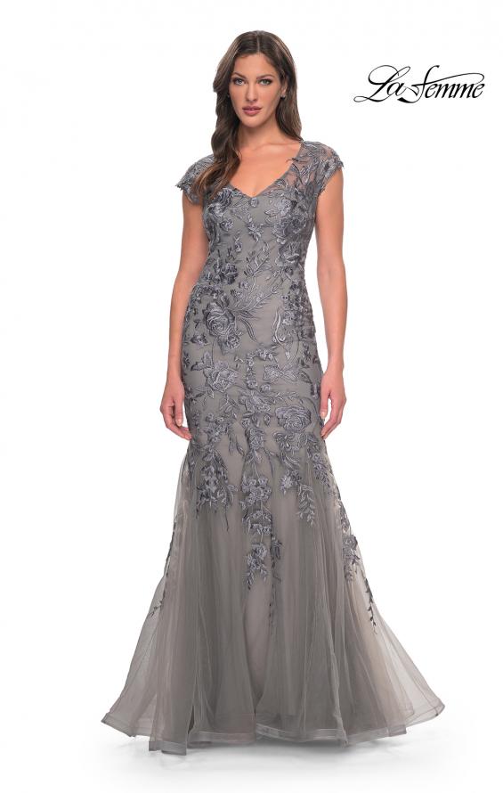 Picture of: Lace and Tulle Mermaid Gown with Cap Sleeves in Silver, Style: 30269, Detail Picture 3