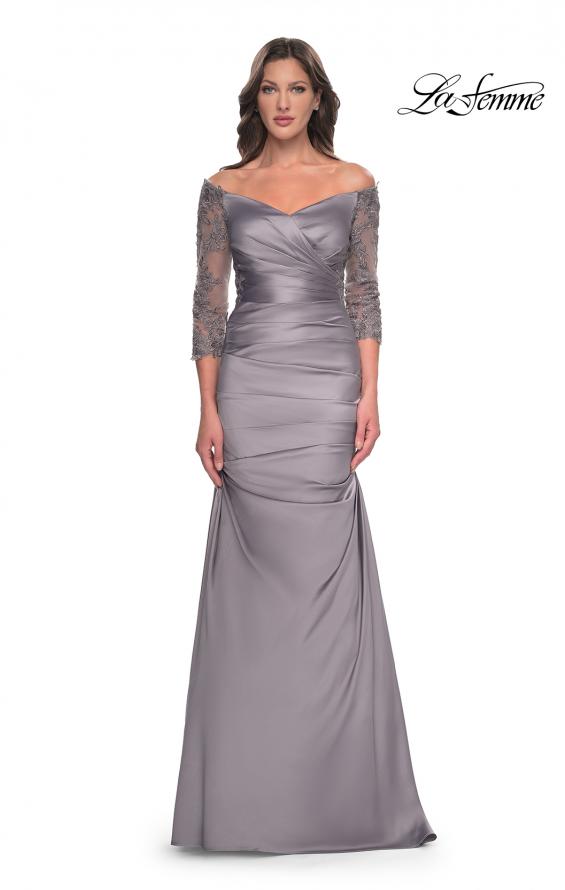 Picture of: Mermaid Satin Dress with Gathering and Off the Shoulder Top in Silver, Style: 30853, Detail Picture 3
