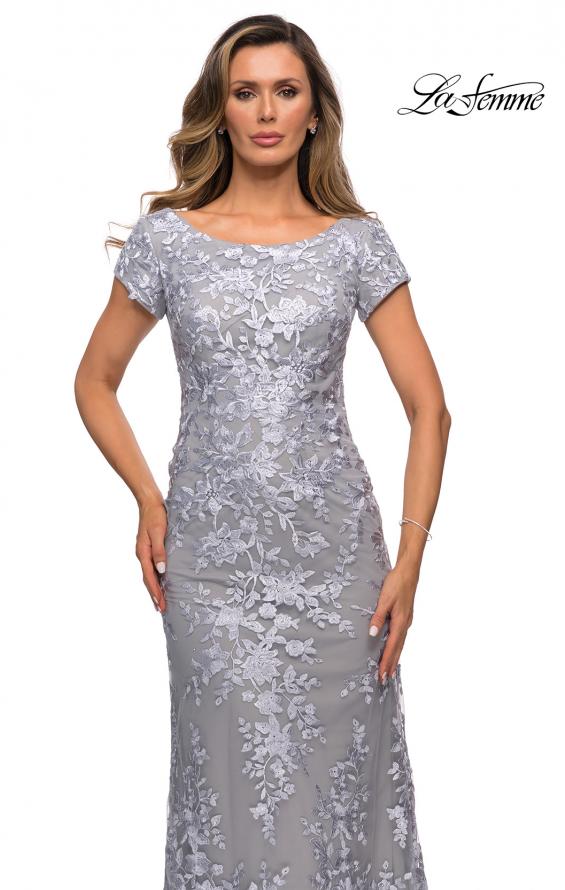 Picture of: Long Three Quarter Sleeve Floral Lace Evening Gown in SIlver, Style: 27842, Detail Picture 4